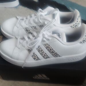 Adidas Women's White and Leopard Print Sneakers